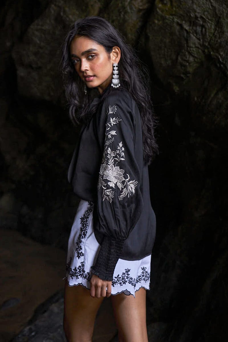 Black Tie-Neck Peasant Top with Embroidered Sleeves