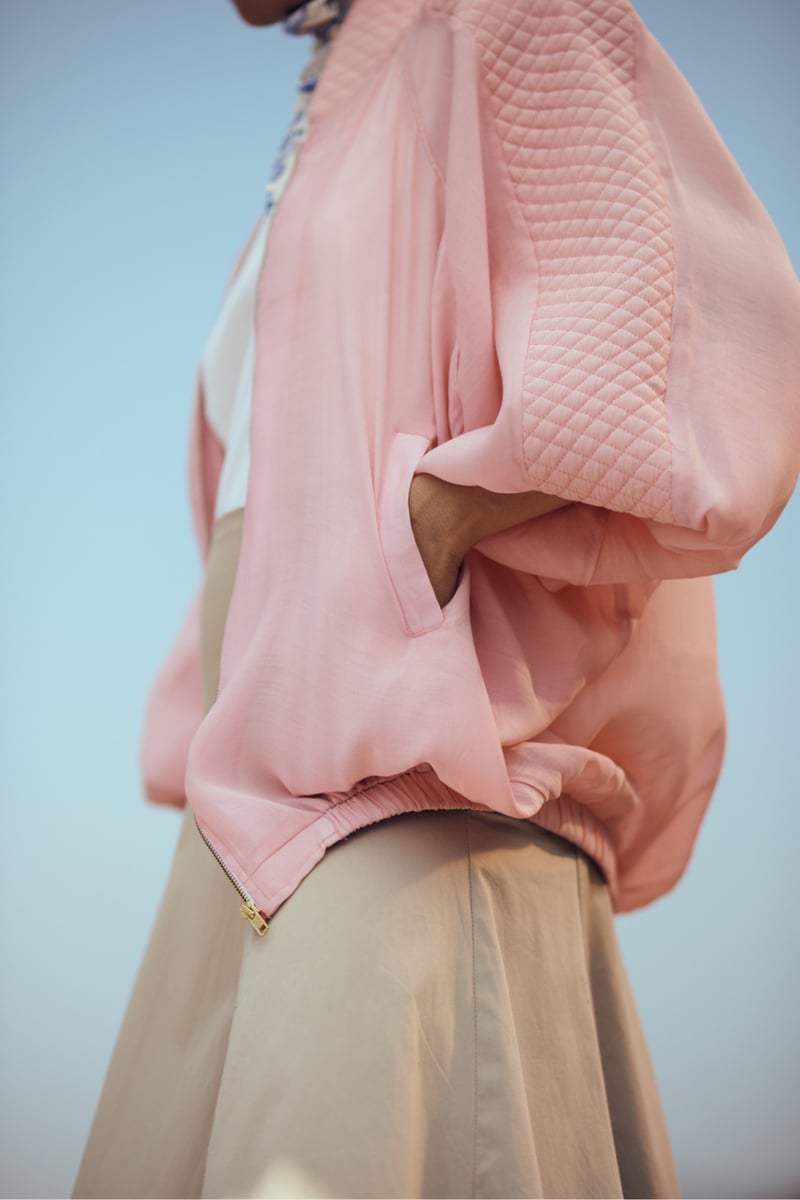 Blush Pink Sheer Bomber Jacket with Quilted Detail