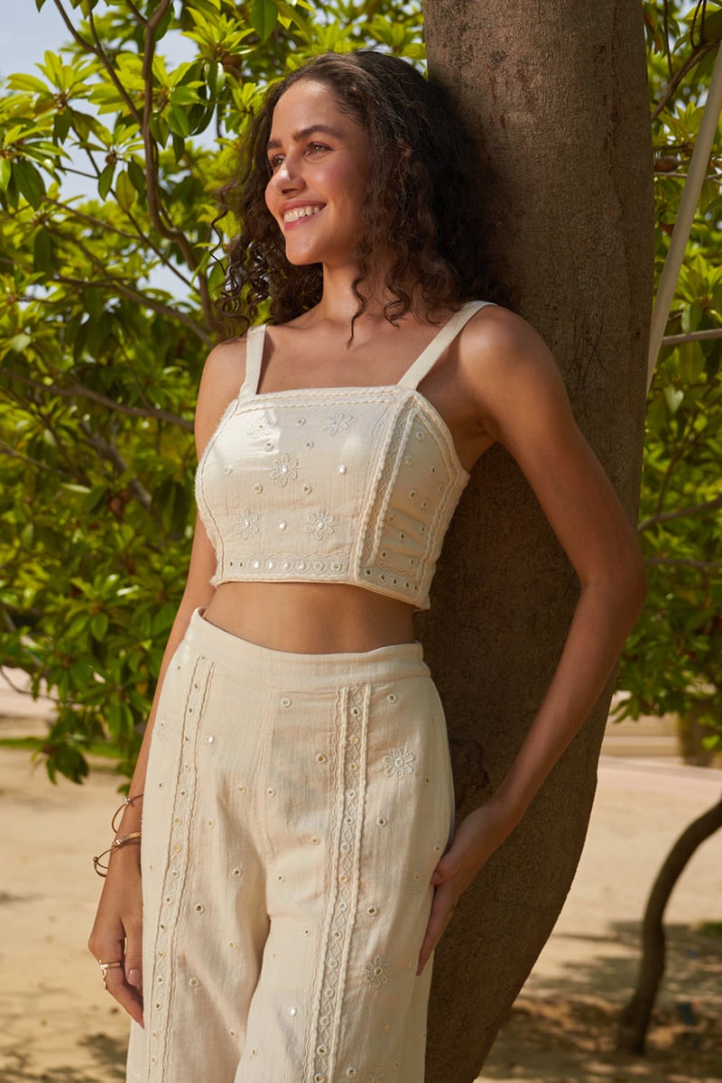 White Square Neck Mirror Embroidered Crop Top