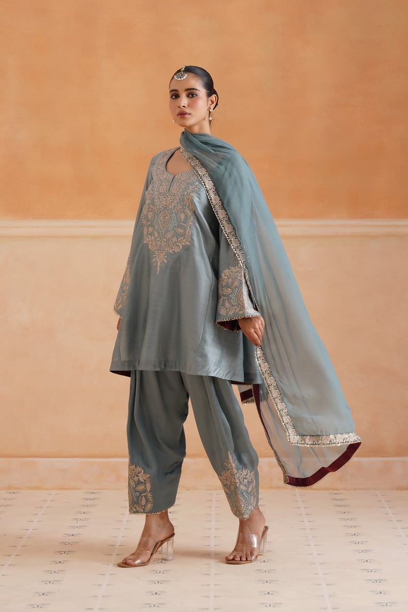 Sage Blue Chanderi Embroidered Kurta Set with Dupatta