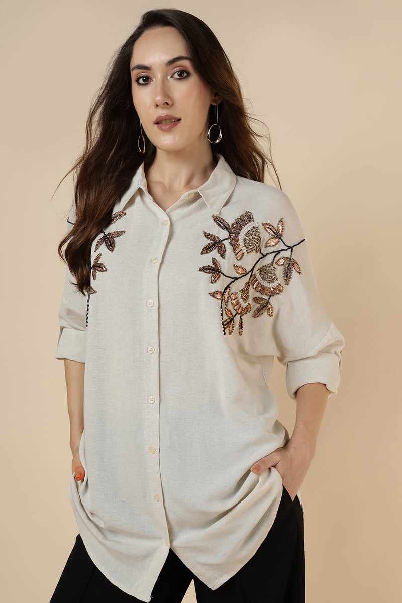 Natural Beige Embellished Longline Shirt