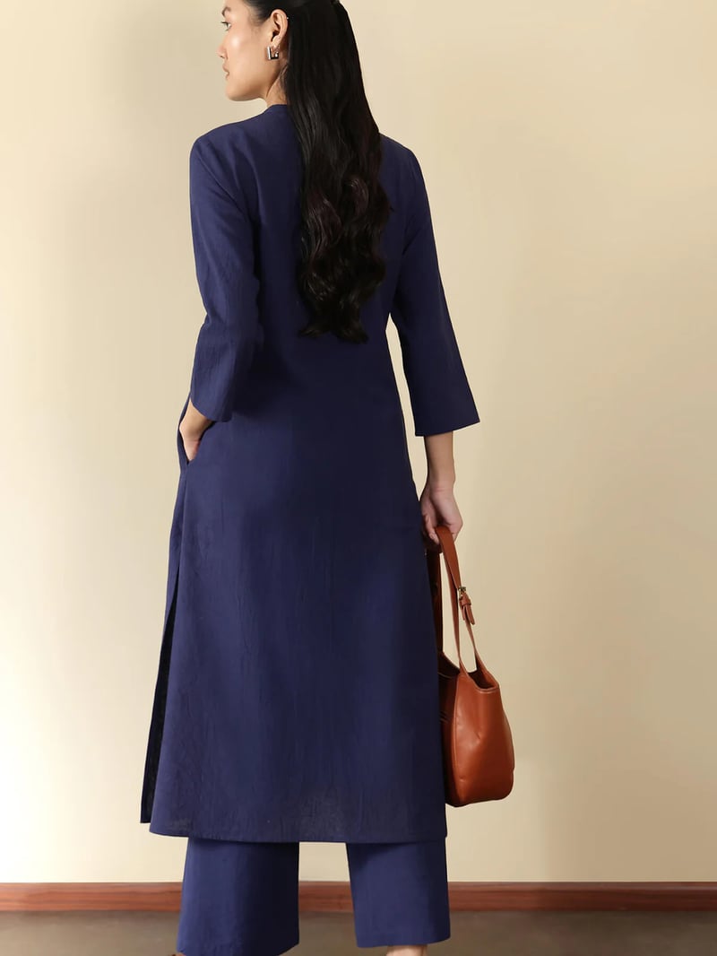 Linen Blend Trousers - Navy Blue
