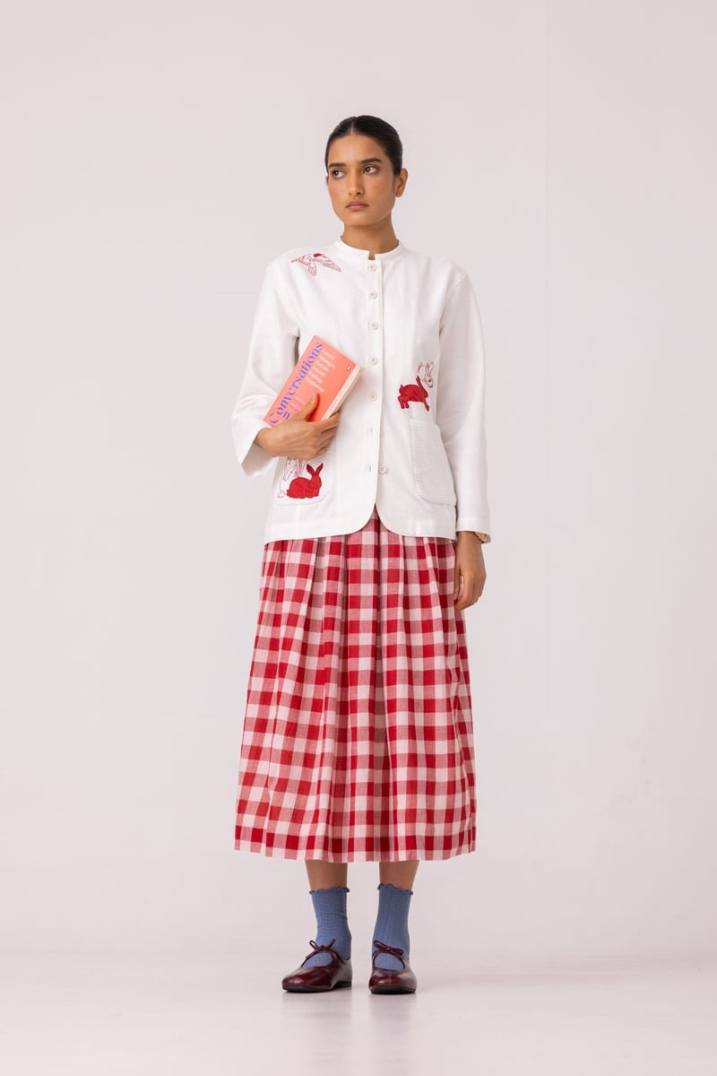 Red Checked Handwoven Cotton Midi Skirt with Box Pleats