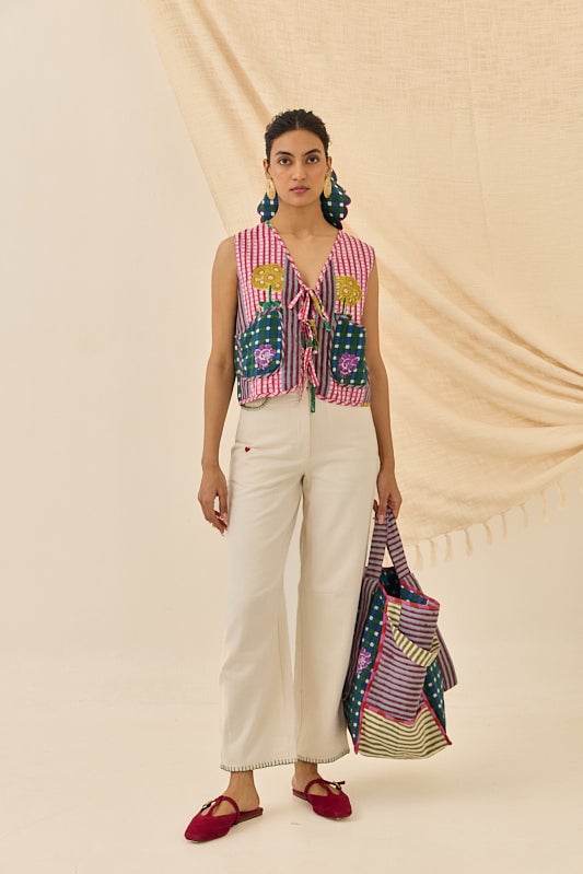 Multicolor Block Print Cropped Tie-Up Waistcoat