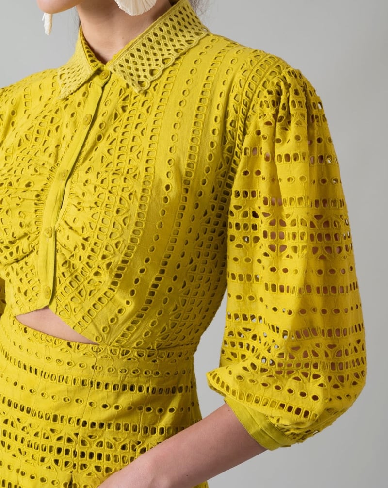 Lime Green Schiffli Cutwork Fit and Flare Mini Dress