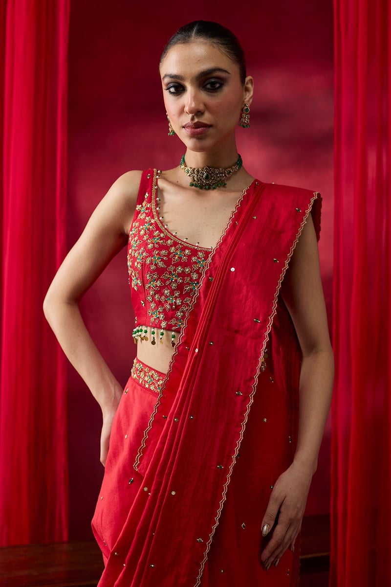 Red Silk Embellished Saree Set with Embroidered Blouse