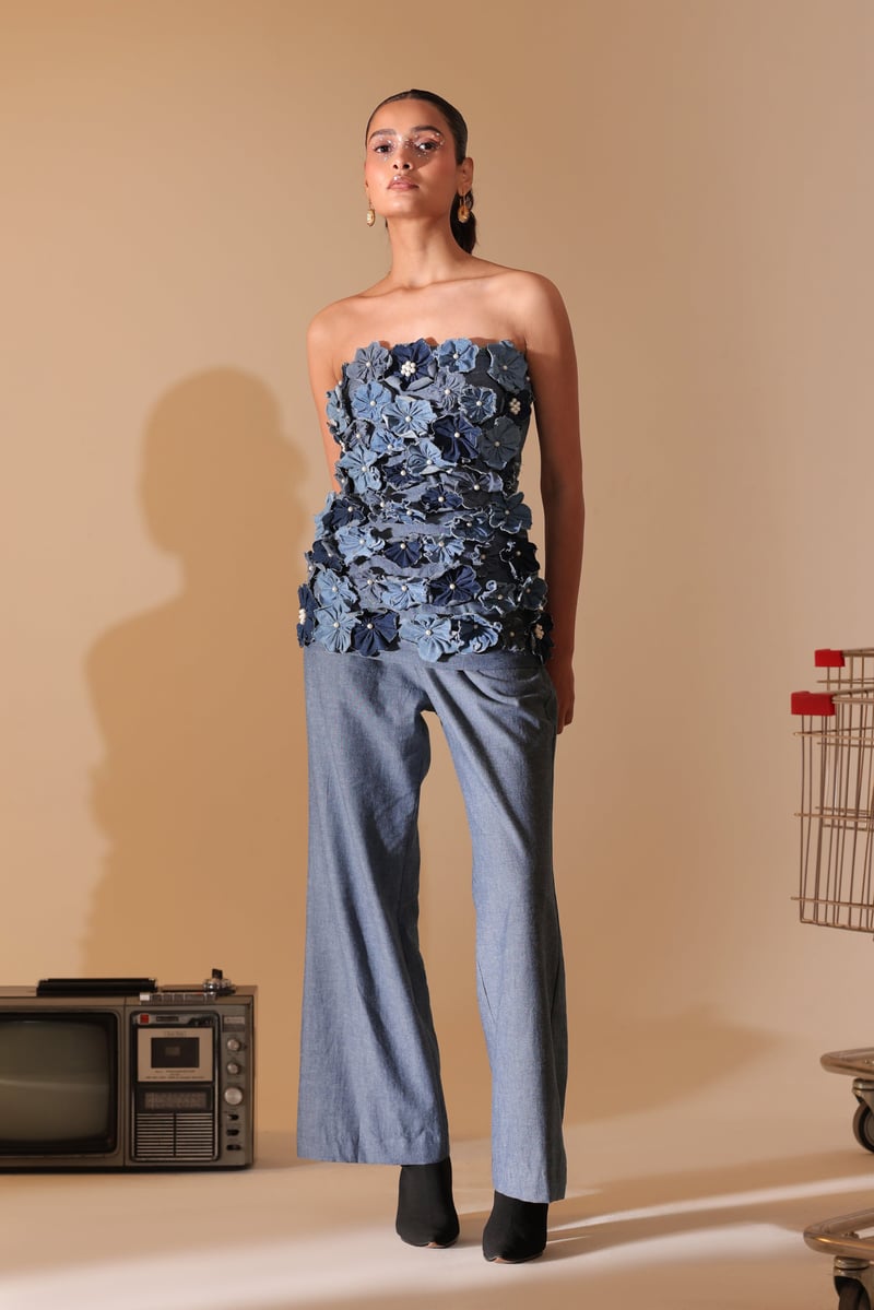 Blue Denim Strapless 3D Floral Co-ord Set