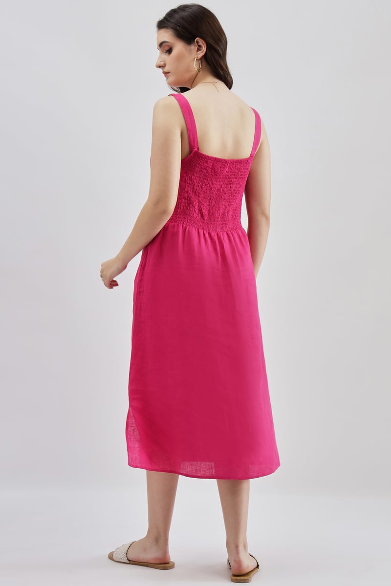 Fuschia Linen Square Neck A-Line Midi Dress