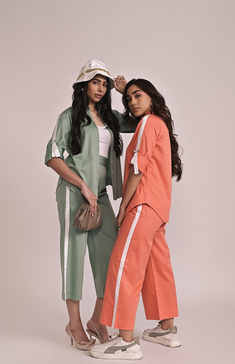 Orange Cotton Satin Shirt and Wide-Leg Pants Co-ord Set