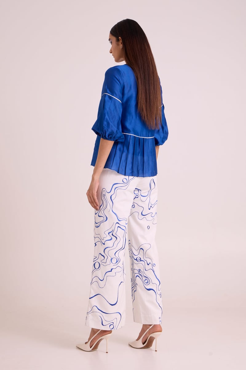 Electric Blue Tie-Up Top & Printed Wide-Leg Co-ord Set