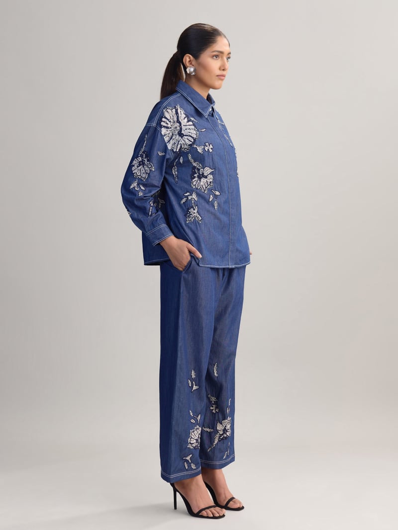 Blue Embellished Denim Shirt and Wide-Leg Pants Co-ord Set