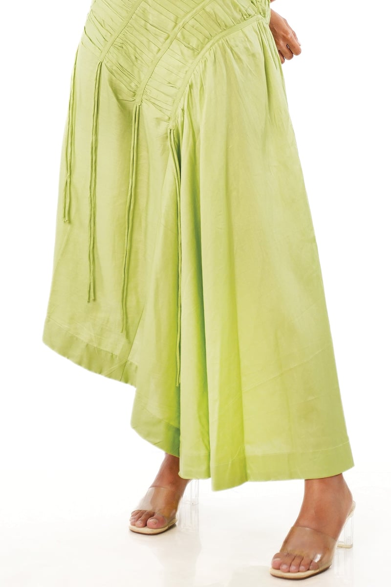Green Cotton Satin Pleated Bodice Puff Sleeve Midi Dress