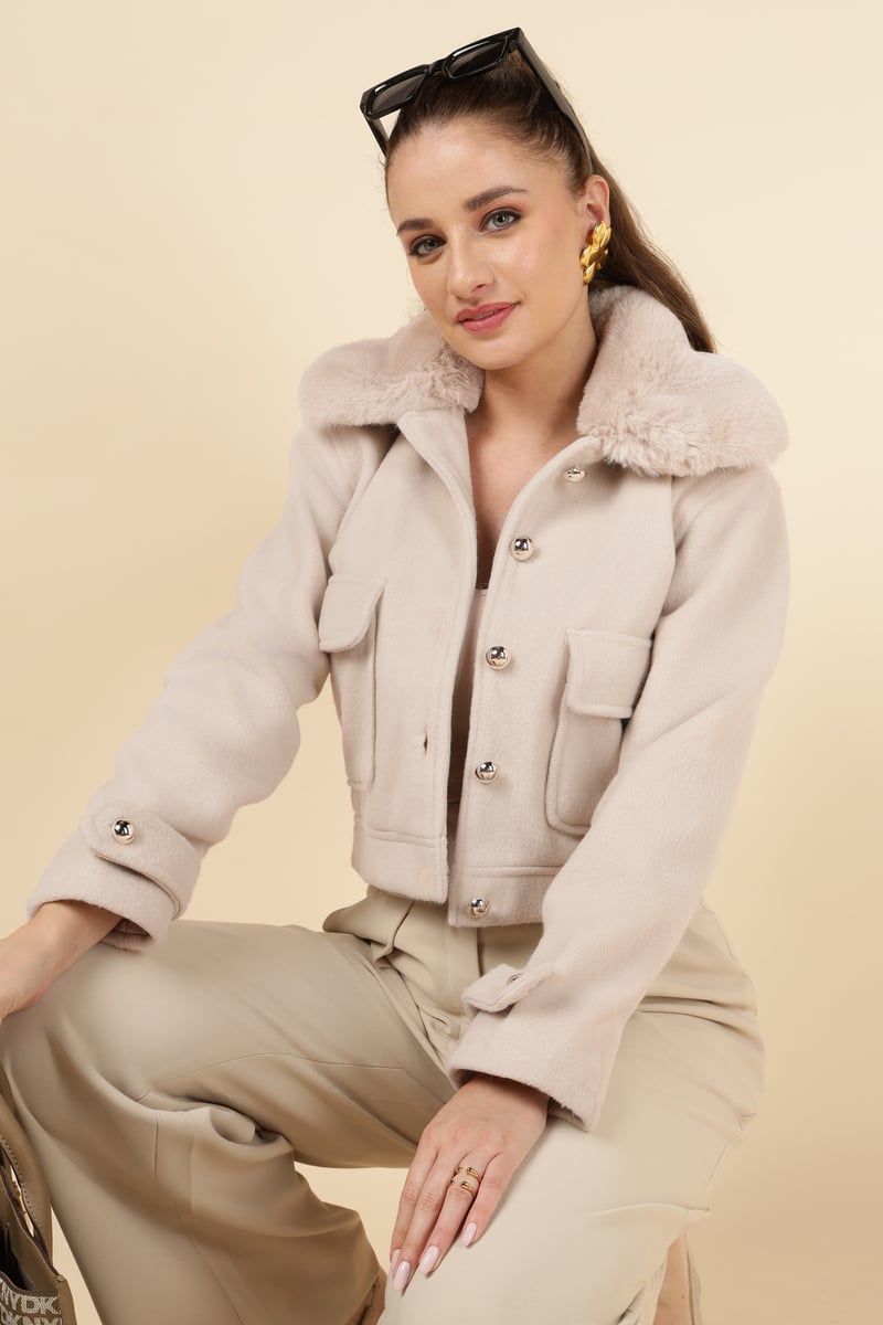 Beige Cropped Button-Front Jacket with Faux-Fur Collar