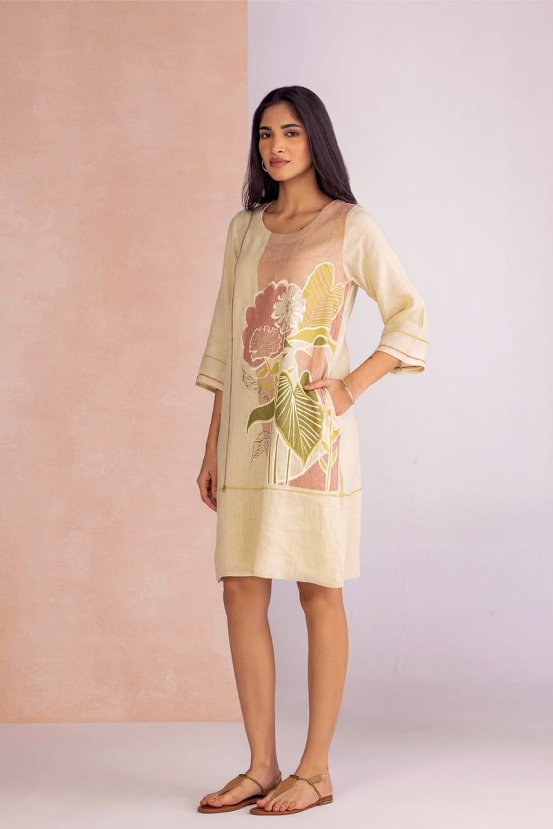 Off White Linen-Blend Printed Shift Knee-Length Dress