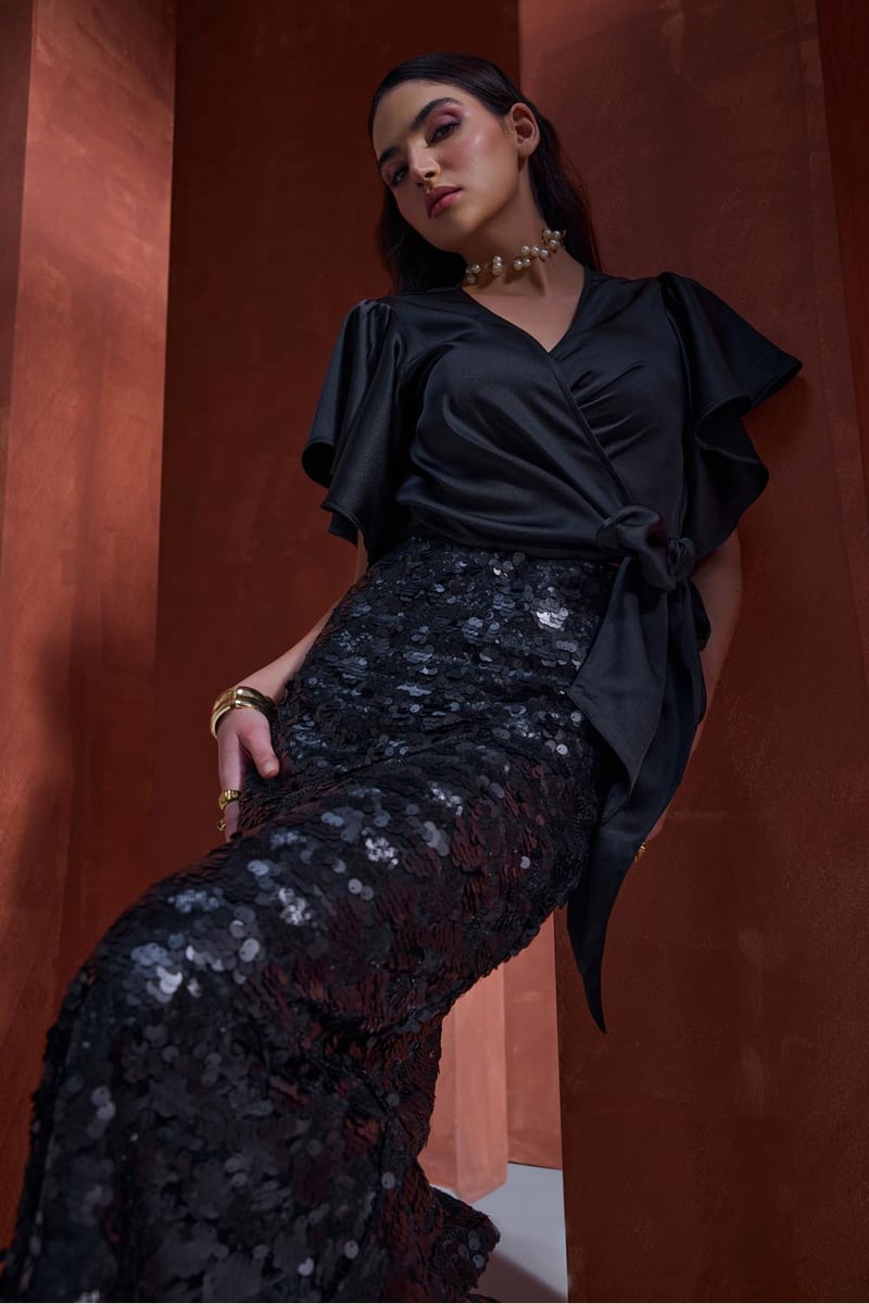 Black Satin Wrap Top and Sequin Midi Skirt Co-ord Set