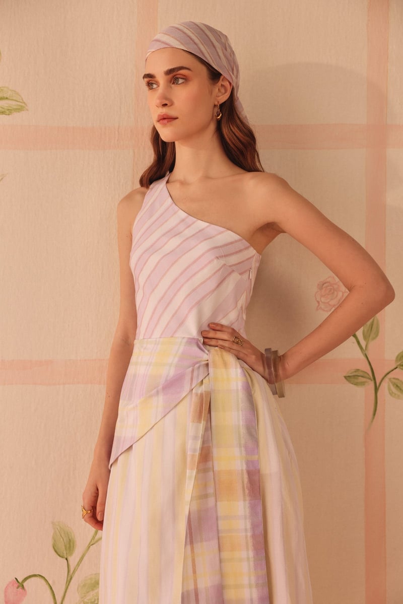 Purple/Yellow One-Shoulder Striped Wrap-Tie Midi Dress
