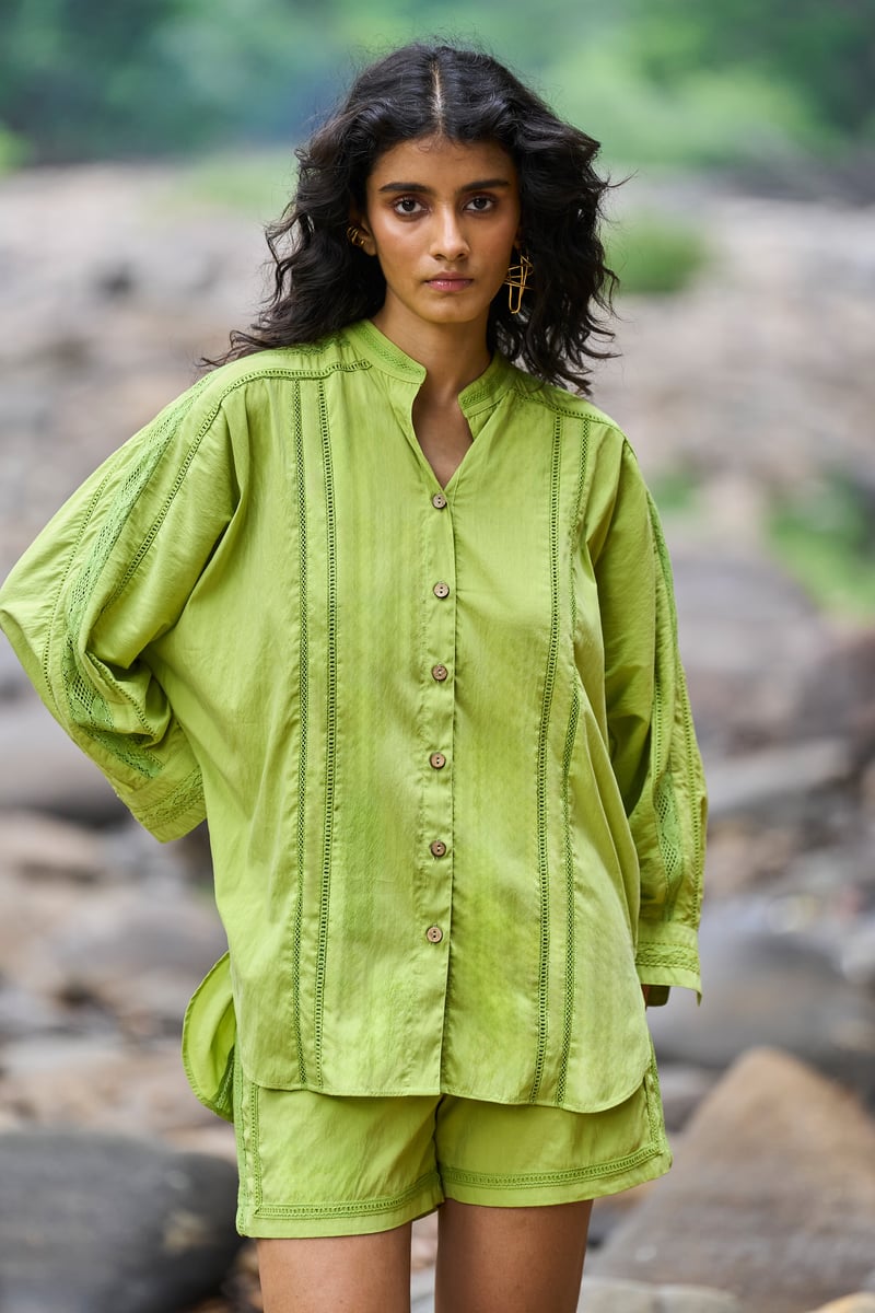 Lime Lace Insert Button-Down Shirt with Band Collar
