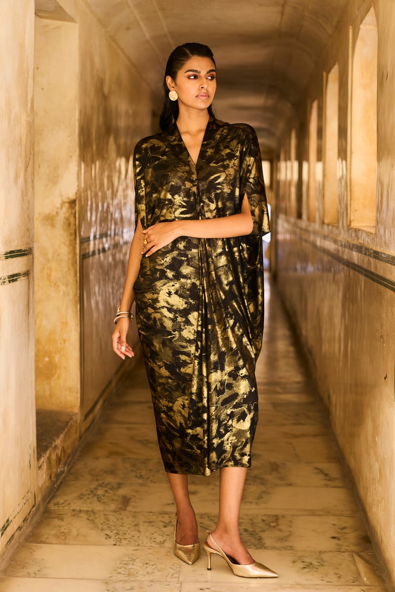 Black/Gold Foil Print Drape Cowl Kaftan