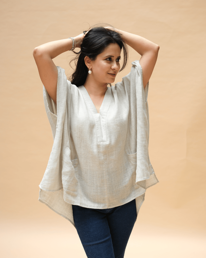 Natural Flowy V-Neck Free Size Poncho Top with Pockets