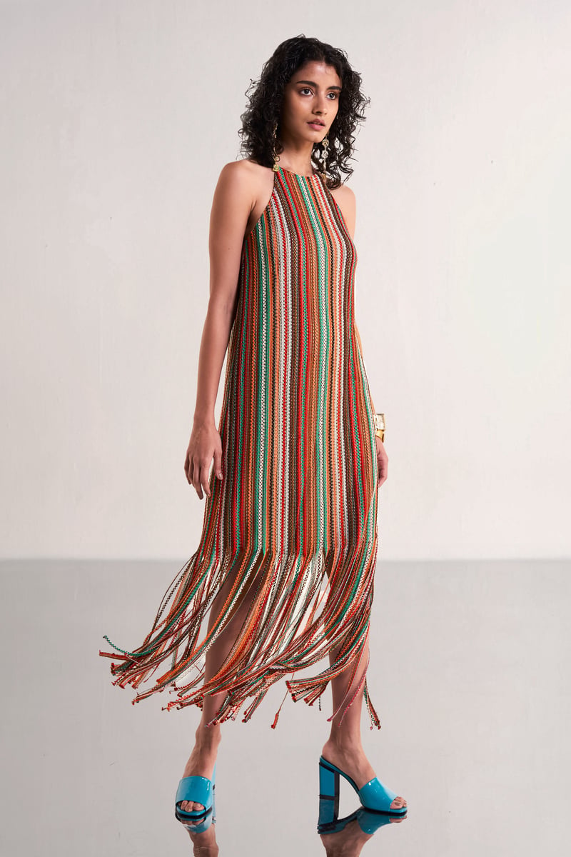 Multicolour Halter Neck Fringe Crochet Knit Midi Dress