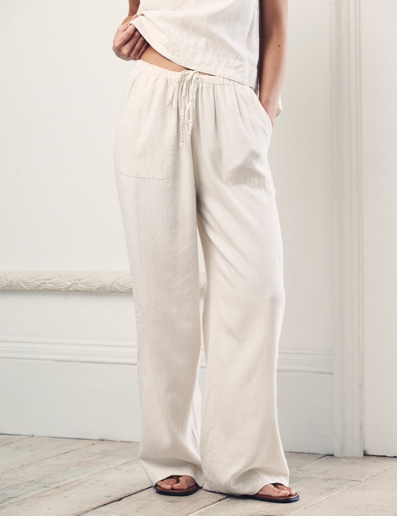 Cream Wide-Leg Drawstring Trousers with Patch Pockets