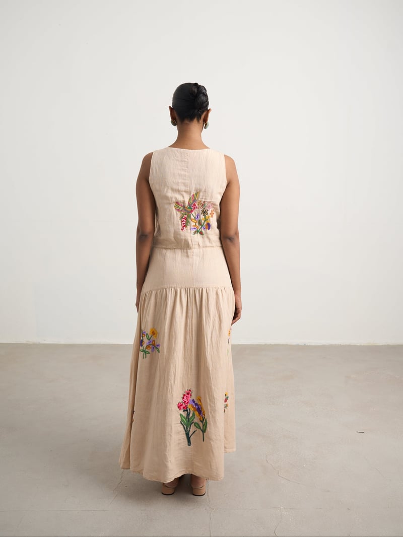 Beige Linen Hand-Embroidered Button-Front Maxi Dress