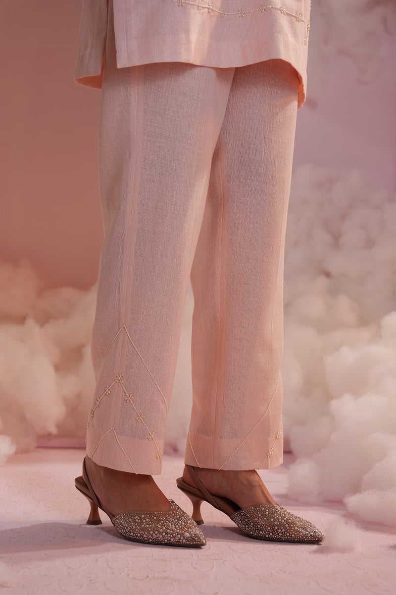 Baby Pink Pearl Embroidered Kurta and Flared Pant Co-ord Set