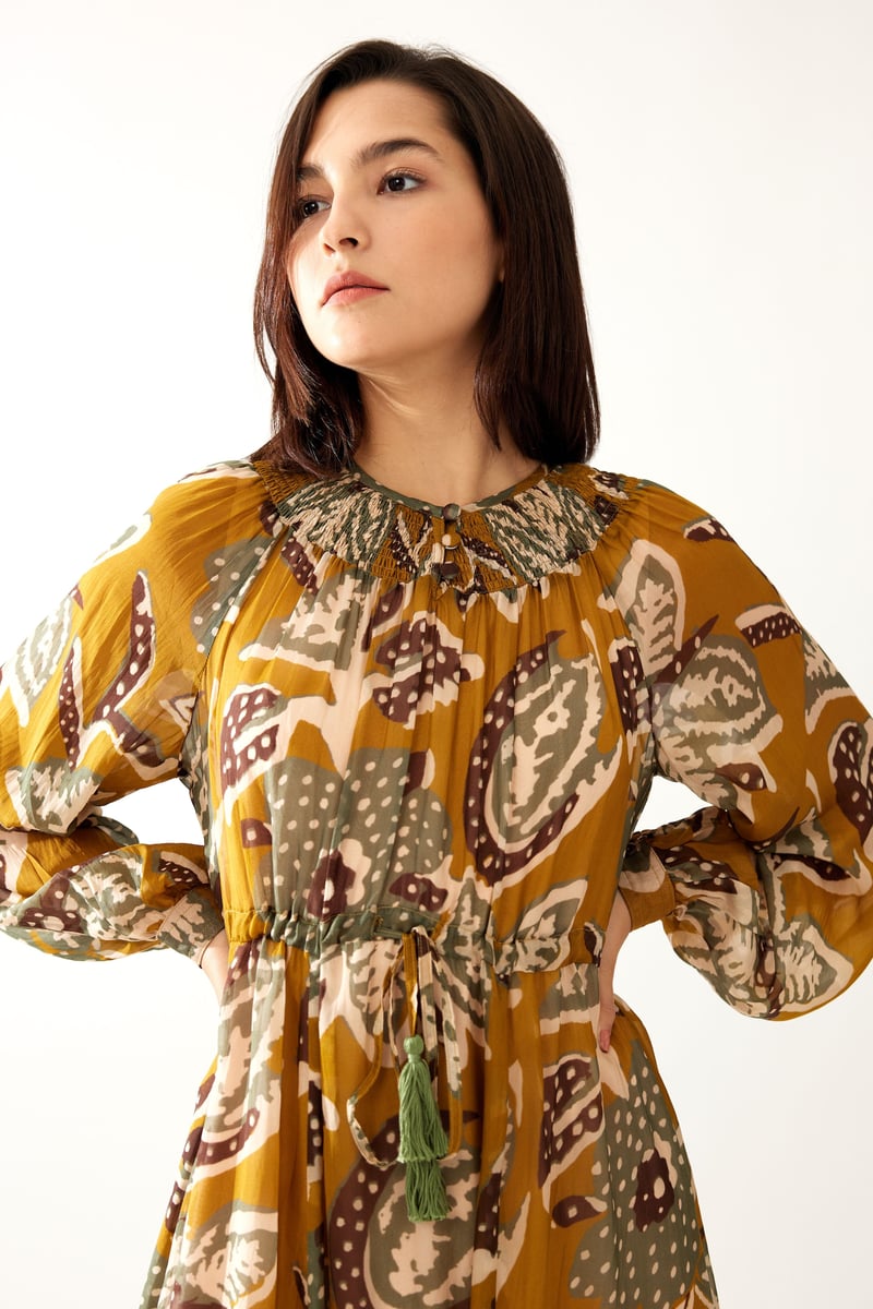 Mustard And Olive Floral Kaftan Dress