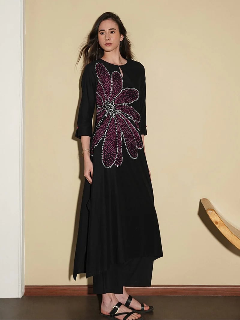 Cotton Bandhani Floral A-Line Kurta - Black