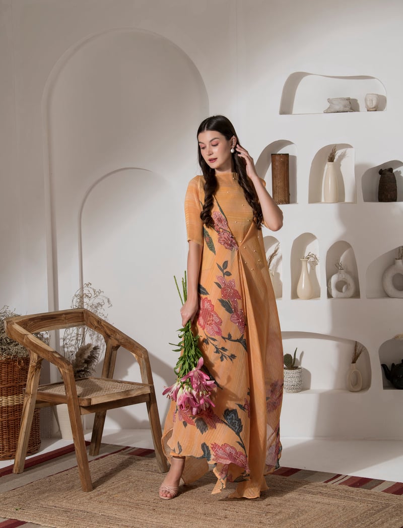 Golden Yellow Floral Kaftan Kurta Palazzo Co-ord Set
