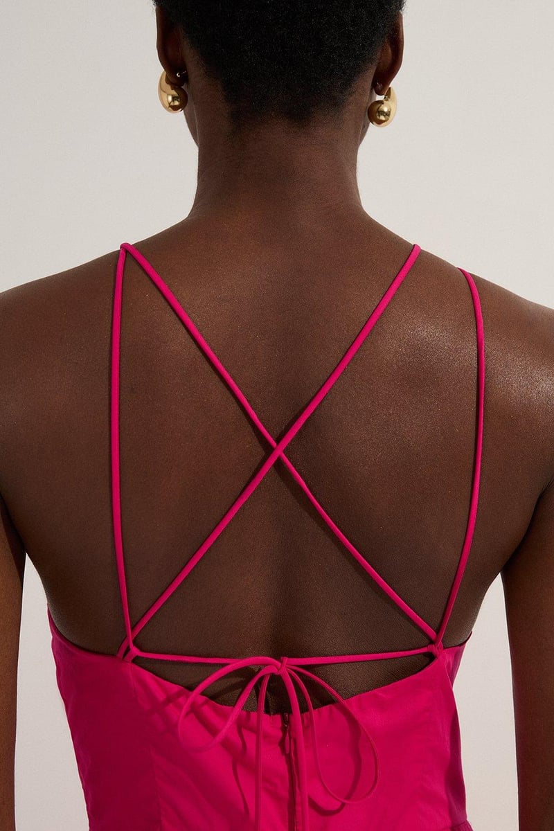 Hot Pink Cotton Halter Neck Midi Dress with Dropped Waist
