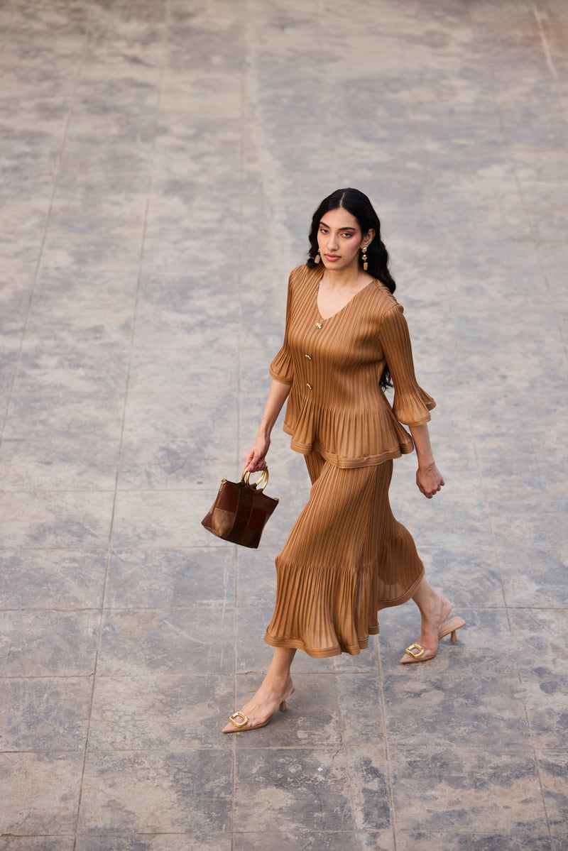 Mocha Pleated Top and Midi Skirt Co-ord Set