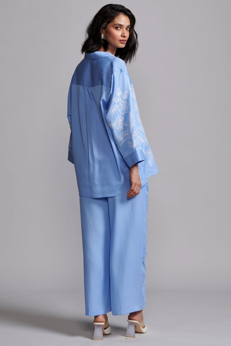 Pastel Blue Tencel Straight-Leg Embroidered Trousers