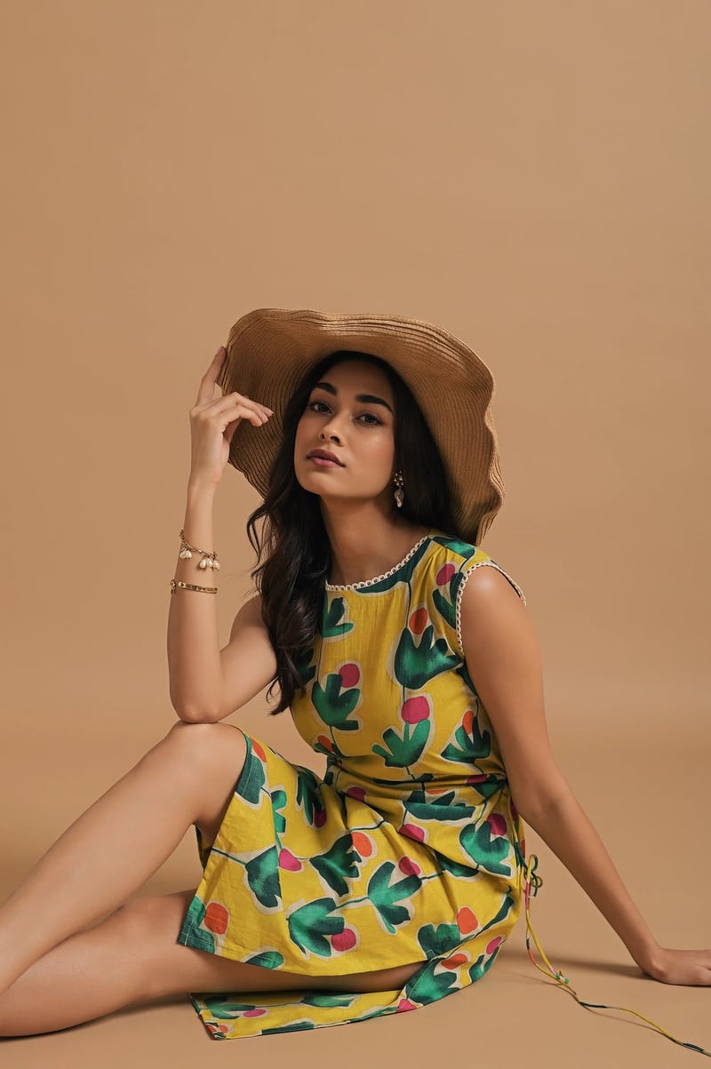 Mustard Yellow Printed Wrap Dress with Side Slit