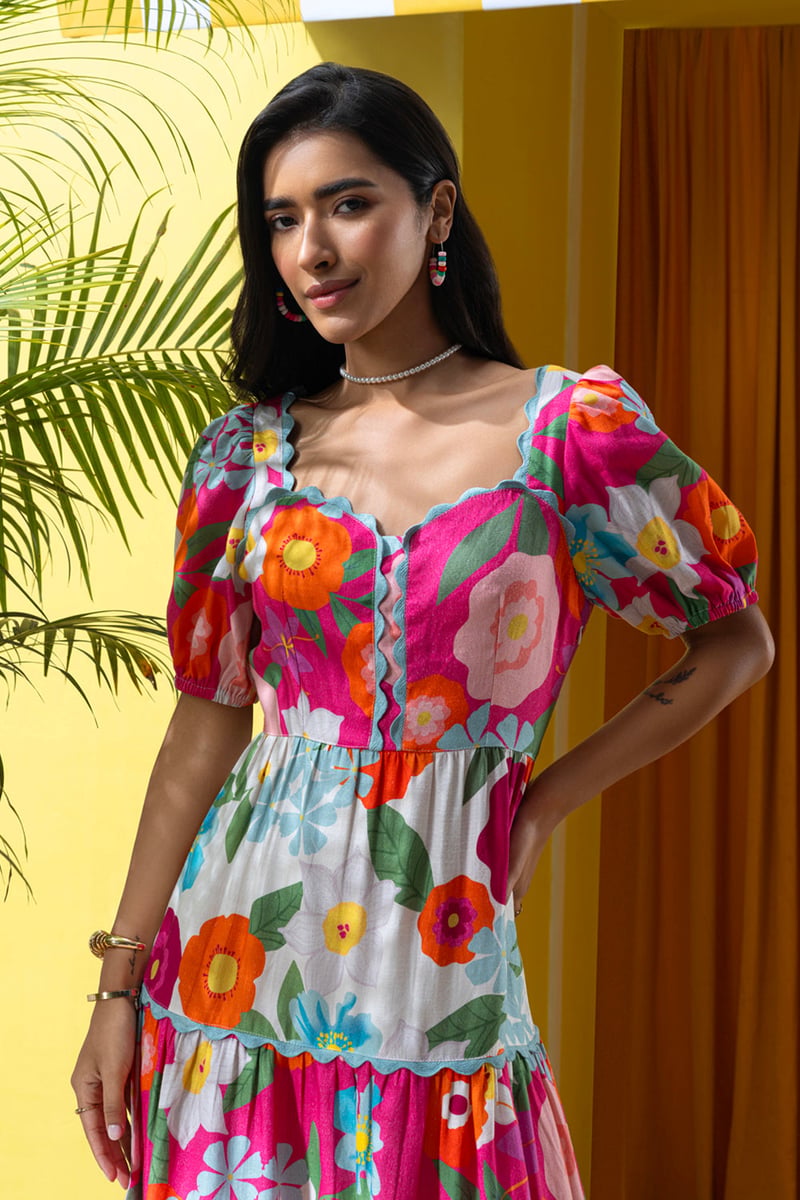 Pink Floral Tiered Midi Dress with Square Neck