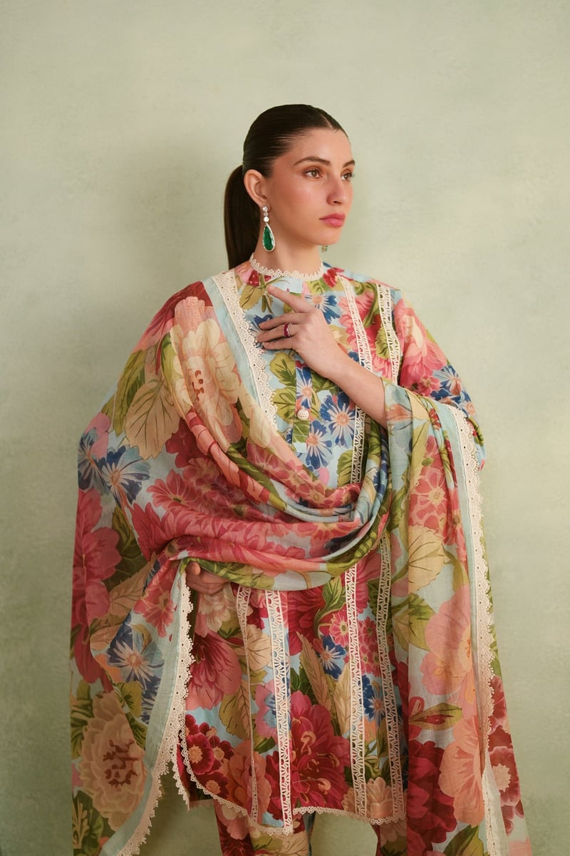 Multicolor Floral Cotton Lawn Suit Set With Lace Trim