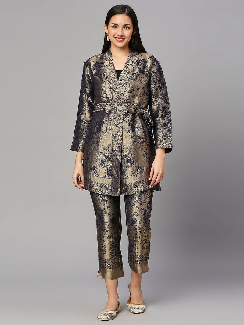 Navy/Gold Metallic Jacquard Cigarette Trousers — Cloth Haus