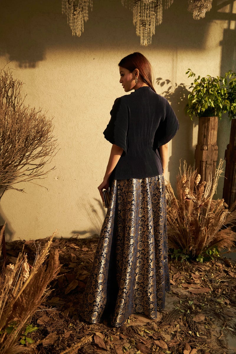 Black Cape Top and Brocade Maxi Skirt Co-ord Set