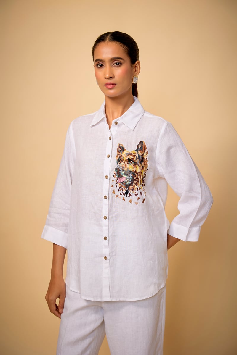 White Linen Relaxed-Fit Shirt with Chest Graphic — Linen Bloom