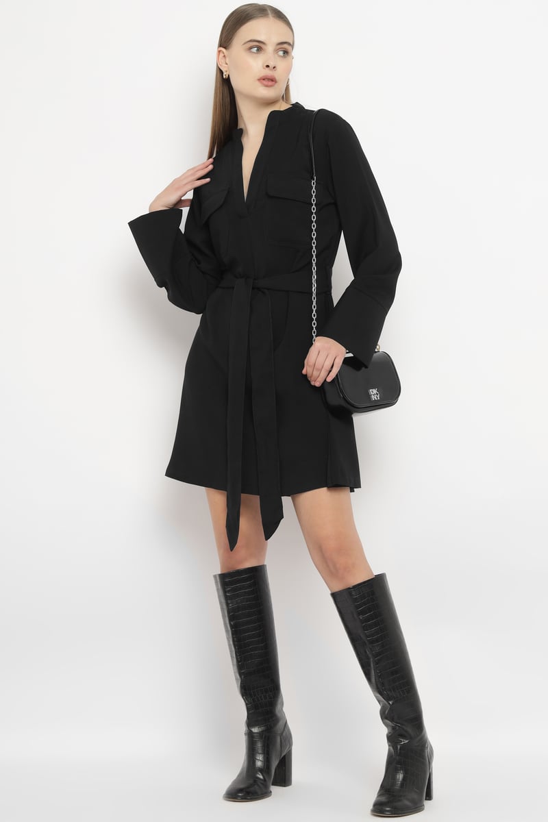 Black Belted Chemisier Mini Dress with Full Sleeves