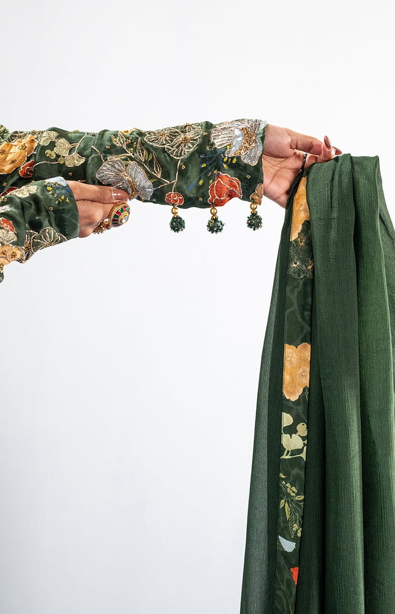 Green Anarkali Kurta Set with Embroidered Yoke and Dupatta
