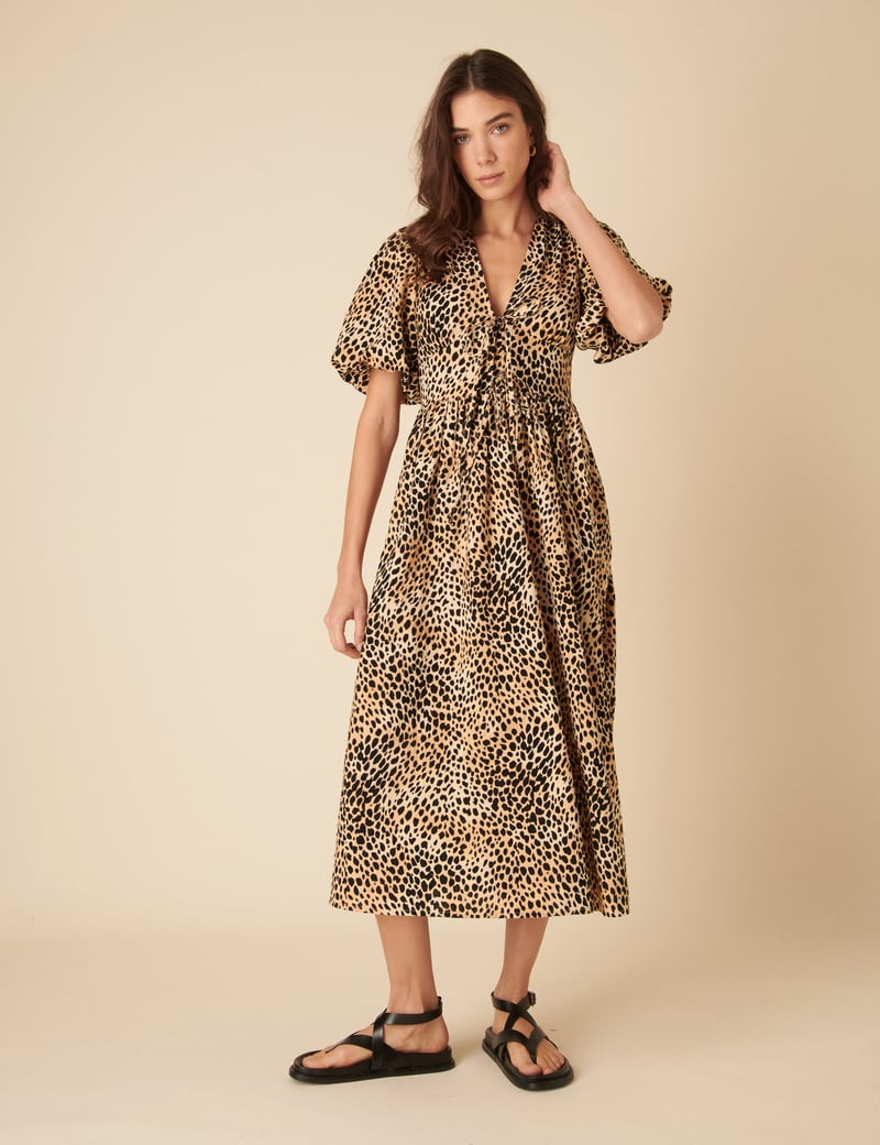 Brown Leopard Print V-Neck Puff Sleeve Midi Dress