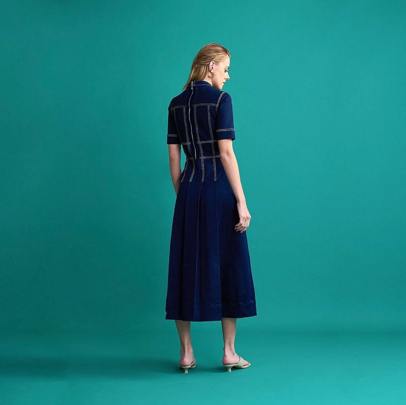 Navy Denim Fit and Flare Midi Dress with Cut-Out Neck