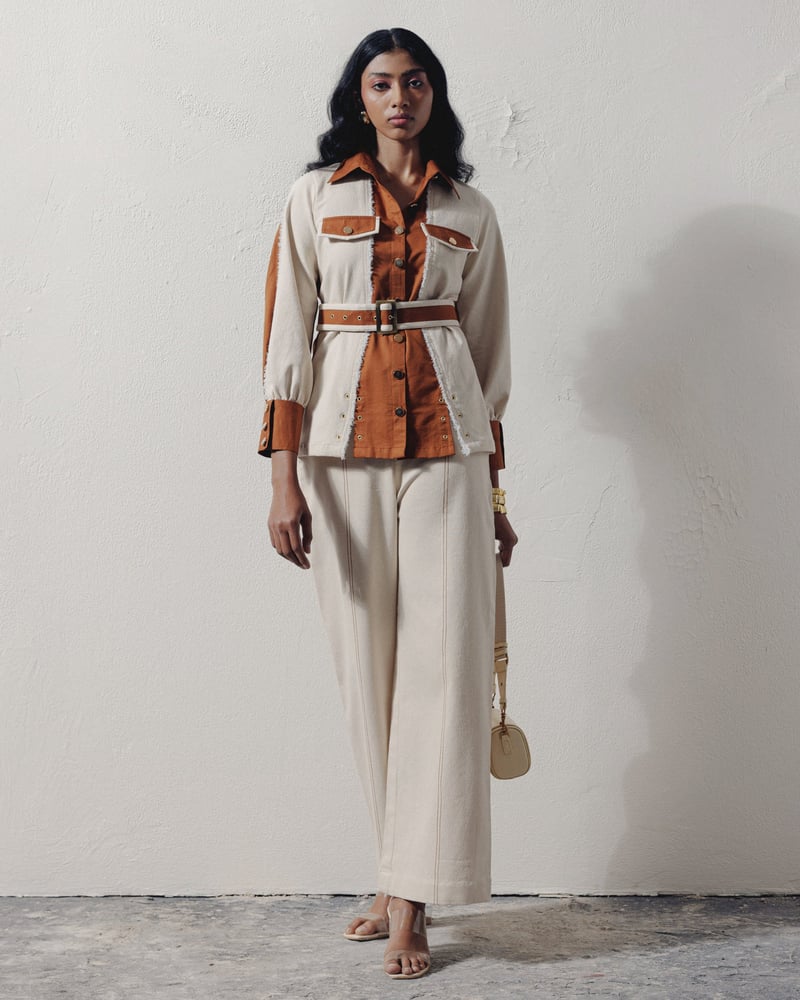 Rust and Cream Colorblocked Denim Shirt with Belt — Veera Wear