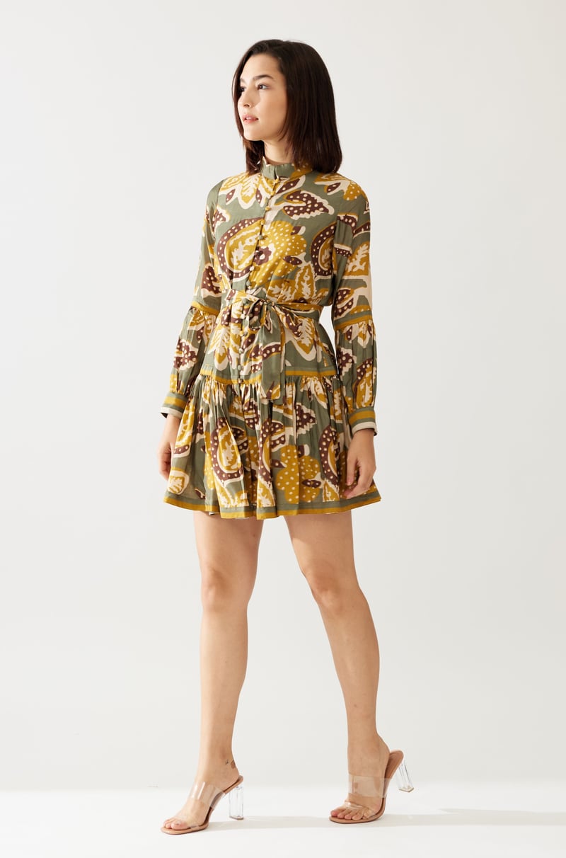 Olive And Mustard Floral Short Dress