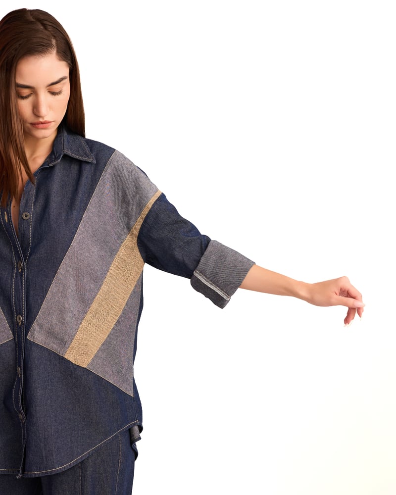 Denim and Beige Colorblocked Relaxed-Fit Shirt
