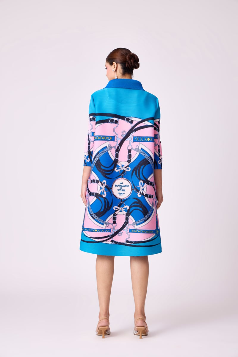 Blue Abstract Print Micro-Pleated Shirt Dress