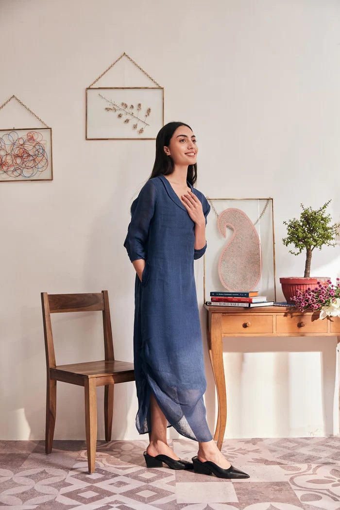 Navy Blue Linen Straight Midi Dress with V-Collar