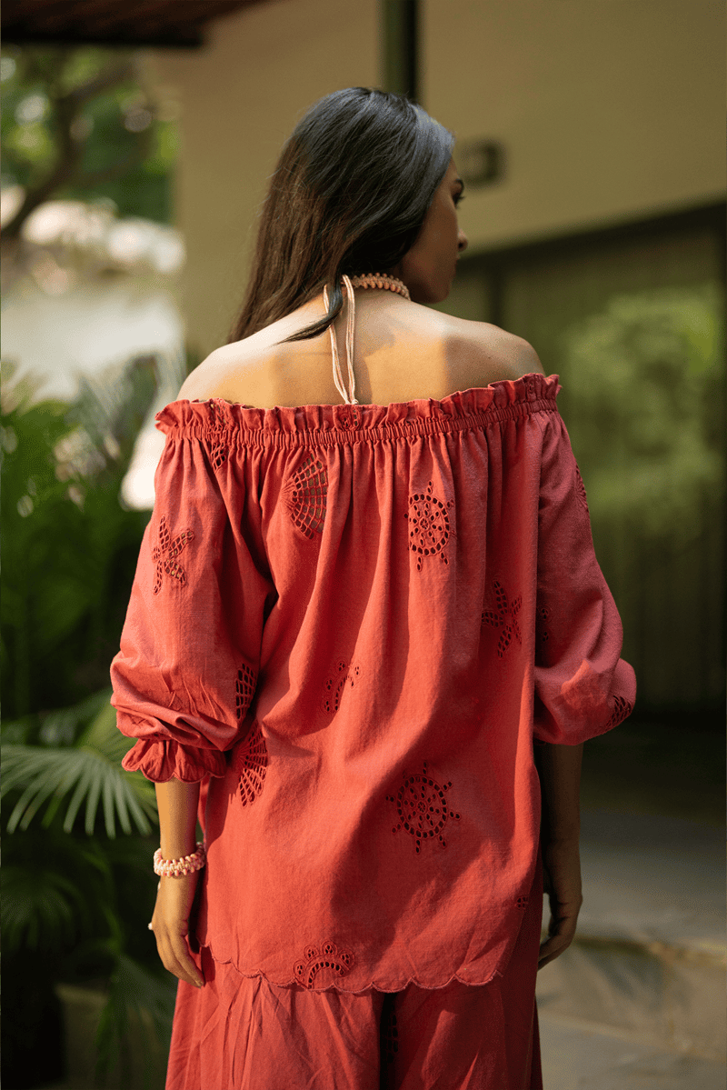 Rust Off-Shoulder Cotton Slub Schiffli Embroidered Blouse