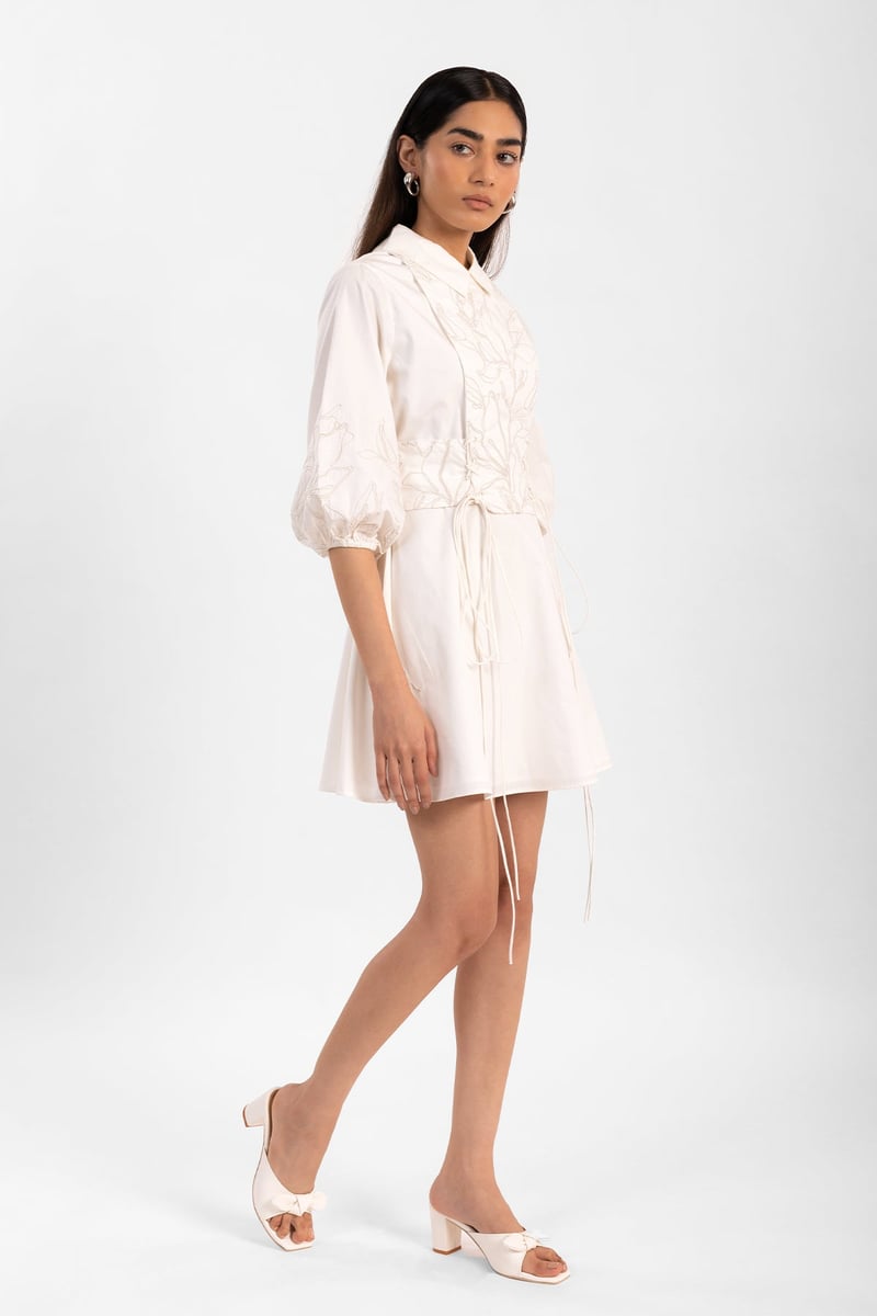 White Embroidered Shirt Collar Fit and Flare Mini Dress